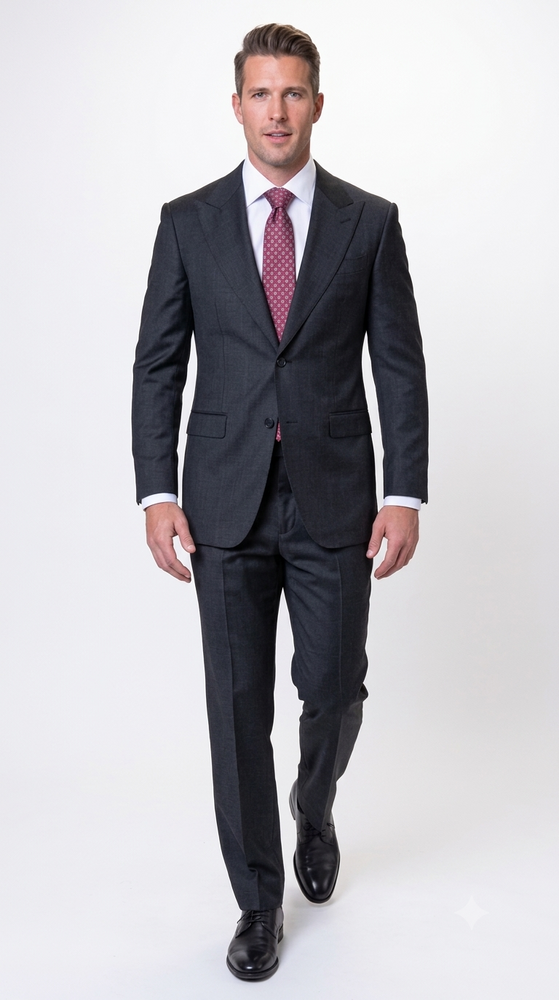 Statement Men's 2 Piece 100% Super 200 Wool Modern Fit Suit - Pic Stitching Peak Lapel Two Buttons in Color Black