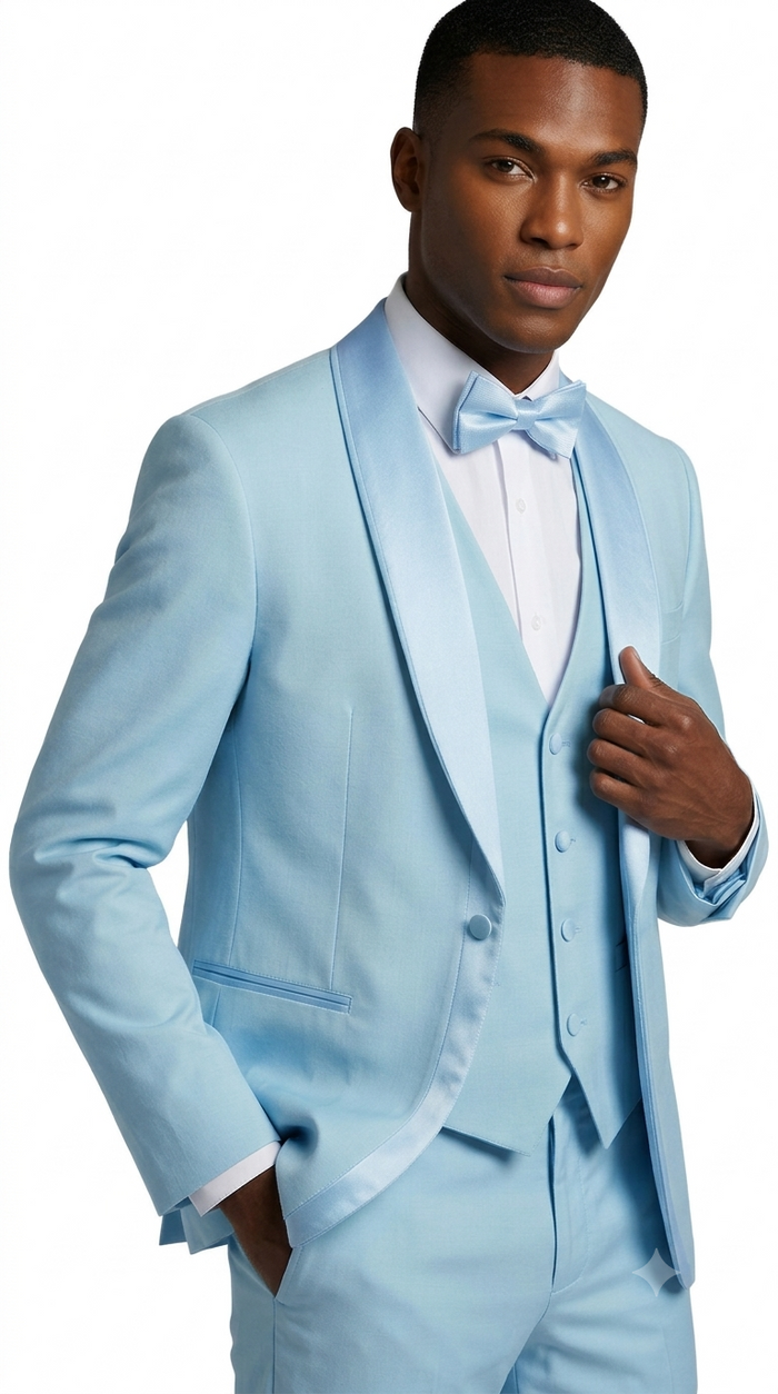 Light Blue Double Shawl Lapel Tuxedo with Satin Trim – Wedding & Prom