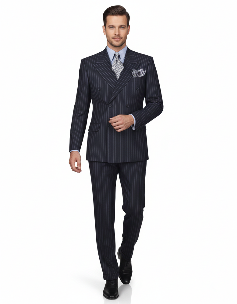 High Quality Dark Navy Blue Suit For Men & Chalk Bold White Pinstripe Double Breasted Suit 100% poly-ray