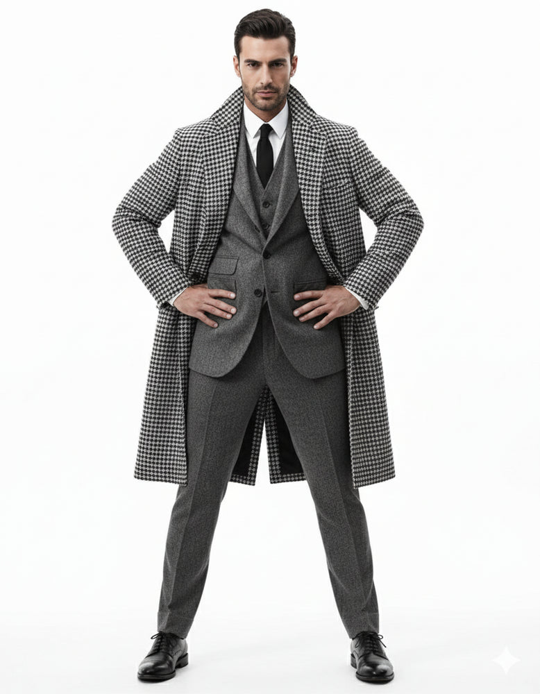 Houndstooth Overcoat - Black and White Checker And Cashmere Fabric Topcoat By Alberto Nardoni