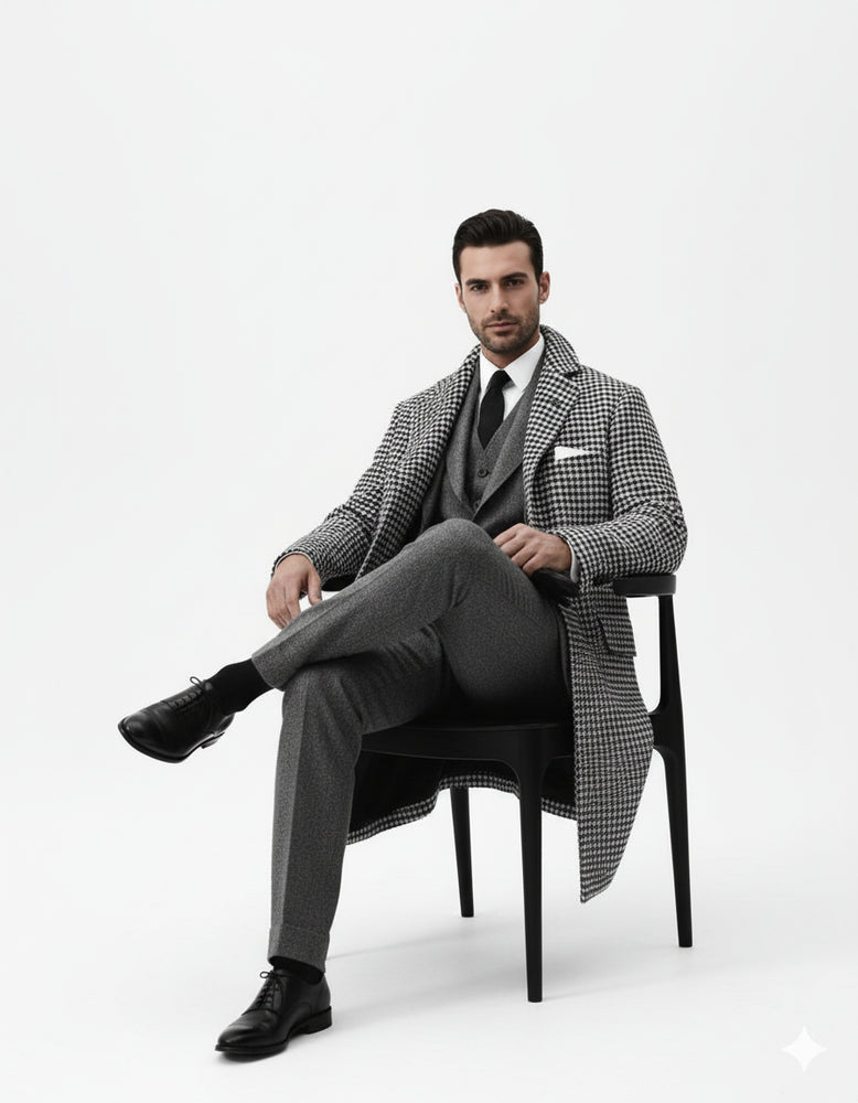 Houndstooth Overcoat - Black and White Checker And Cashmere Fabric Topcoat By Alberto Nardoni