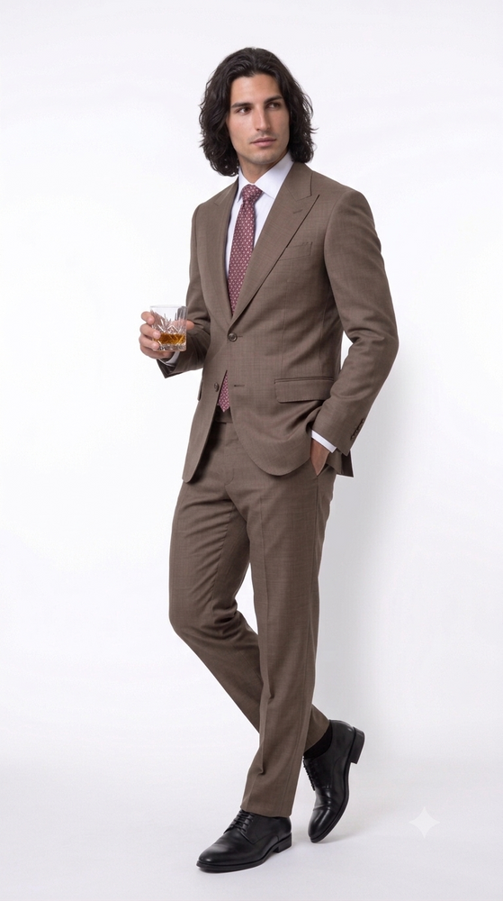 Statement Men's 2 Piece 100% Super 200 Wool Modern Fit Suit - Pic Stitching Peak Lapel Two Buttons in Color Taupe