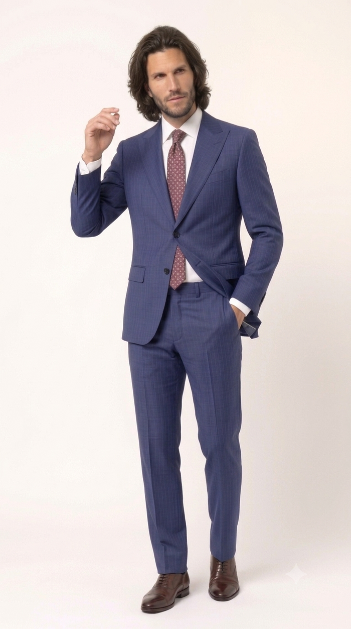 Statement Men's 2 Piece 100% Super 200 Wool Modern Fit Suit - Pic Stitching Peak Lapel Two Buttons in Color Navy