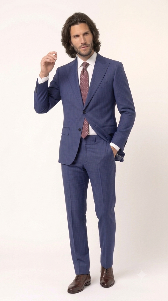 Statement Men's 2 Piece 100% Super 200 Wool Modern Fit Suit - Pic Stitching Peak Lapel Two Buttons in Color Navy