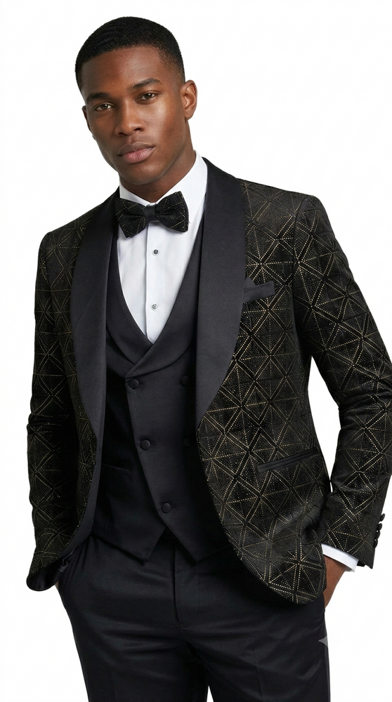 Black & Gold Velvet Patterned Shawl Lapel Tuxedo Set – Wedding & Prom