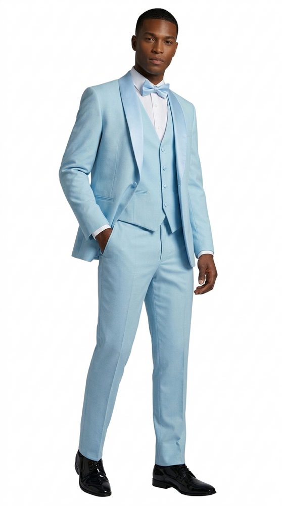 Light Blue Double Shawl Lapel Tuxedo with Satin Trim – Wedding & Prom