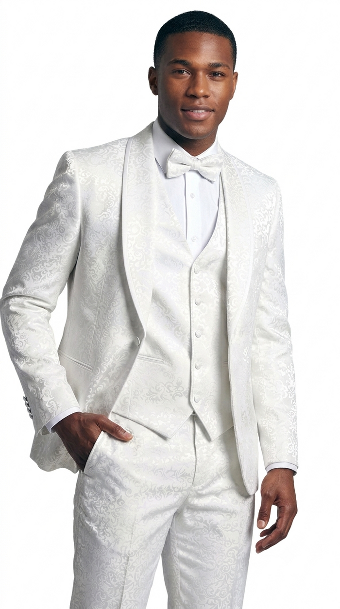 White Floral Shawl Lapel Tuxedo Set with Satin Trim – Wedding & Prom