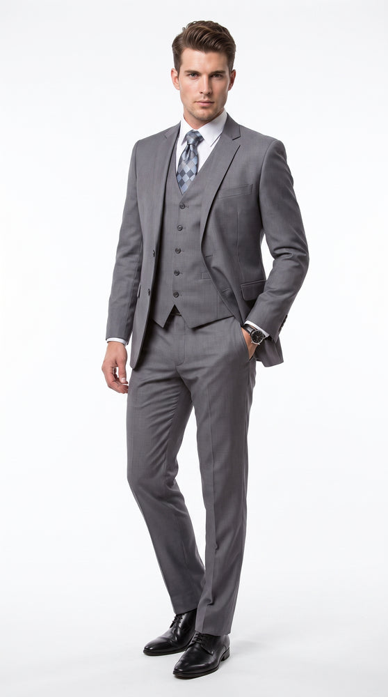 Men’s Charcoal Grey 3 Piece Suit, Notch Lapel 2 Button Vested Formal Business Dress Suit