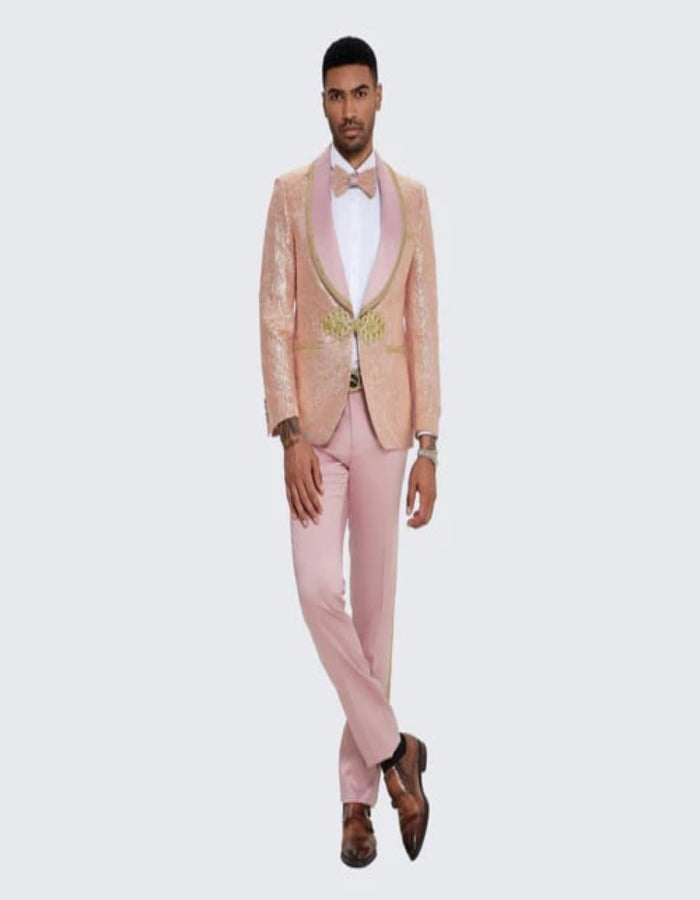 Men's Pink Tuxedo with Gold Textured Paisley Design- Wedding - Prom 2026