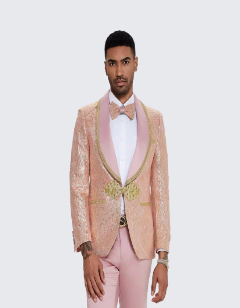 Men's Pink Tuxedo with Gold Textured Paisley Design- Wedding - Prom 2025
