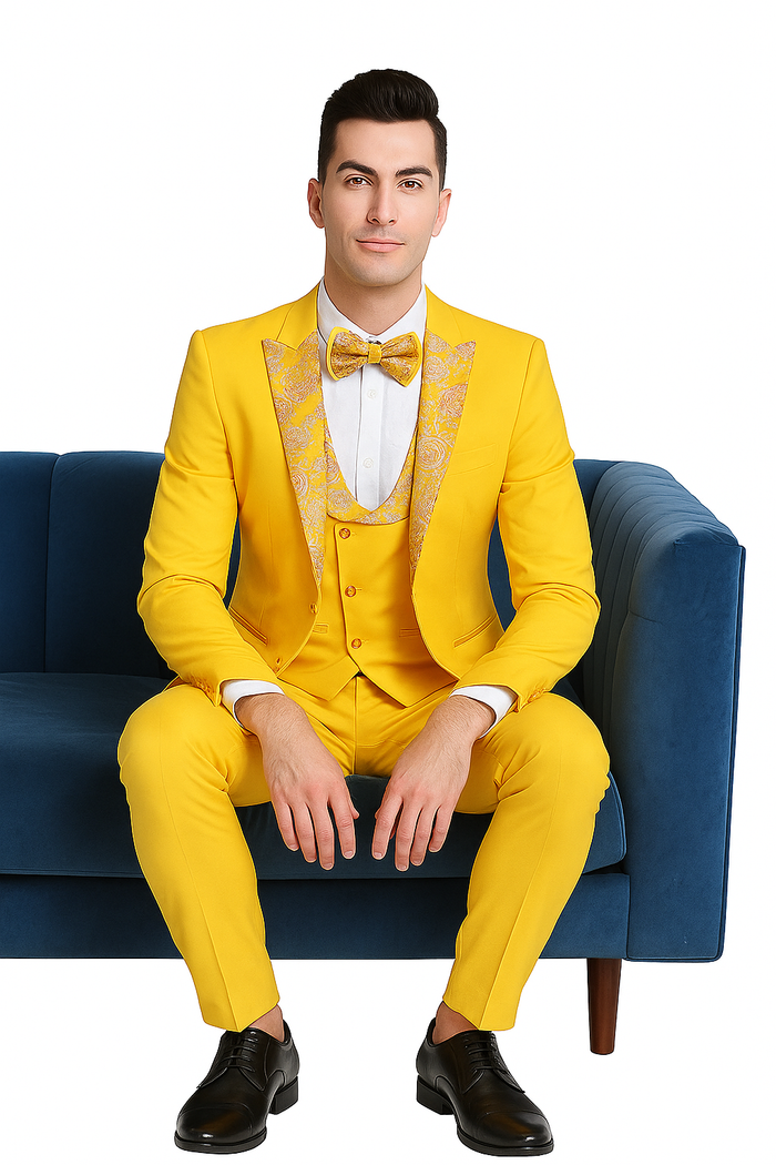 Radiant Golden Bloom Mens 3-Piece Suit with Floral Peak Lapel