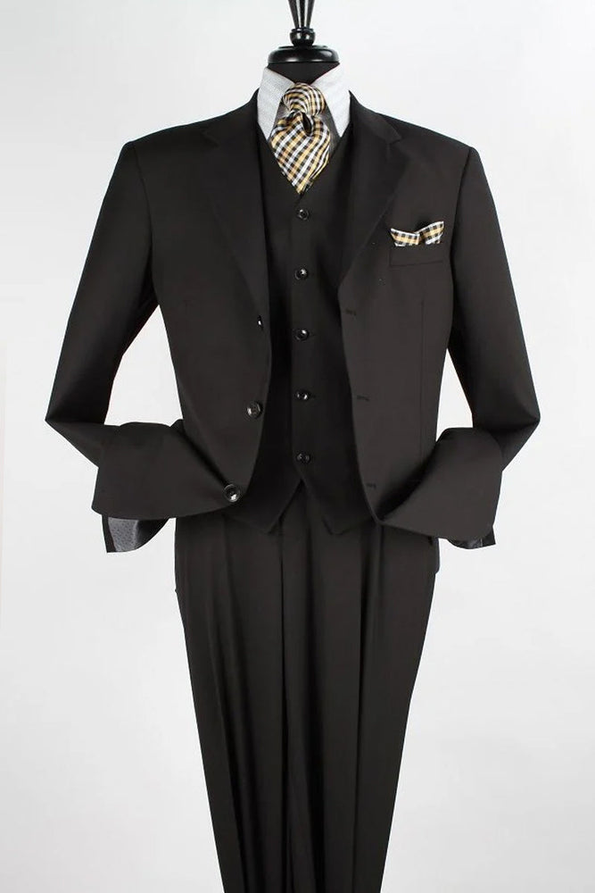 Mens Classic Fit 3 Button Vested Single Pleated Pant Suit in Black