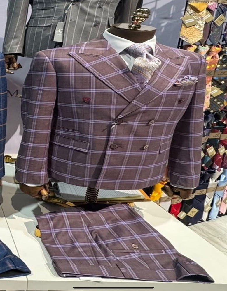 Rossiman Men’s Gray & Lavender Plaid Double-Breasted Suit
