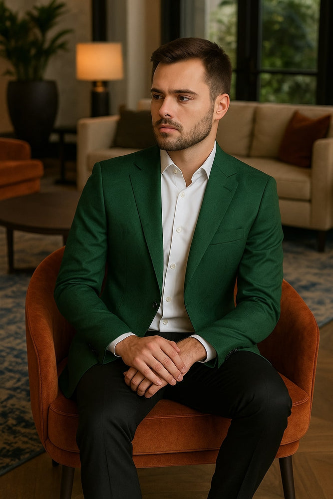Mens Green Paisley Tuxedo Jacket – Slim Fit Embossed Formal Blazer for Weddings and Special Events in Soft velvet Fabric With Black Pants