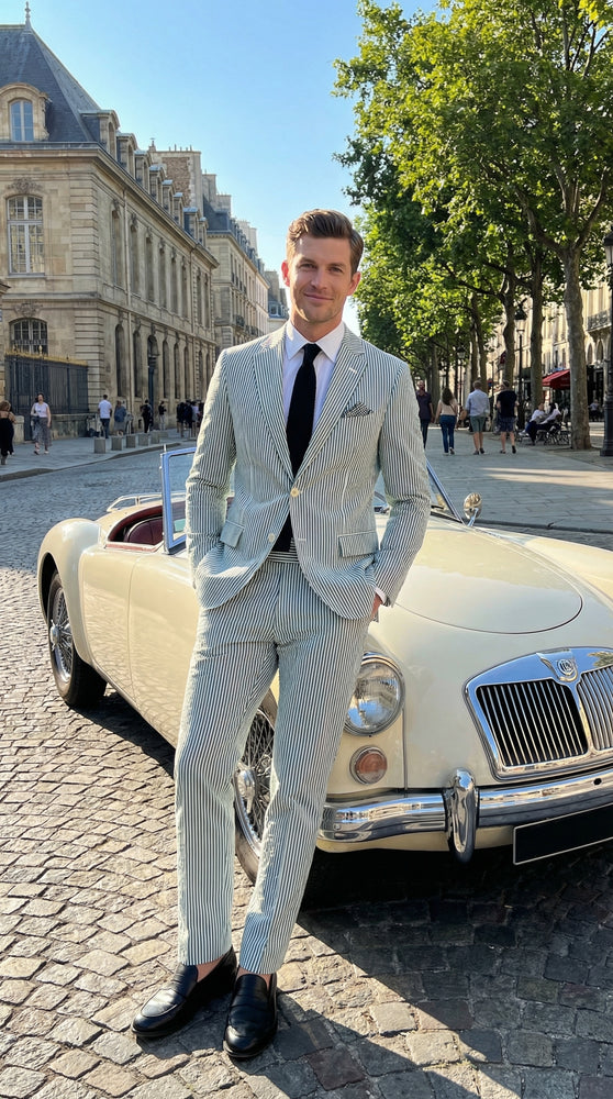 Men’s White and Green Seersucker Suit – Classic Striped Lightweight Summer Suit for Weddings and Formal Events Cotton Fabric