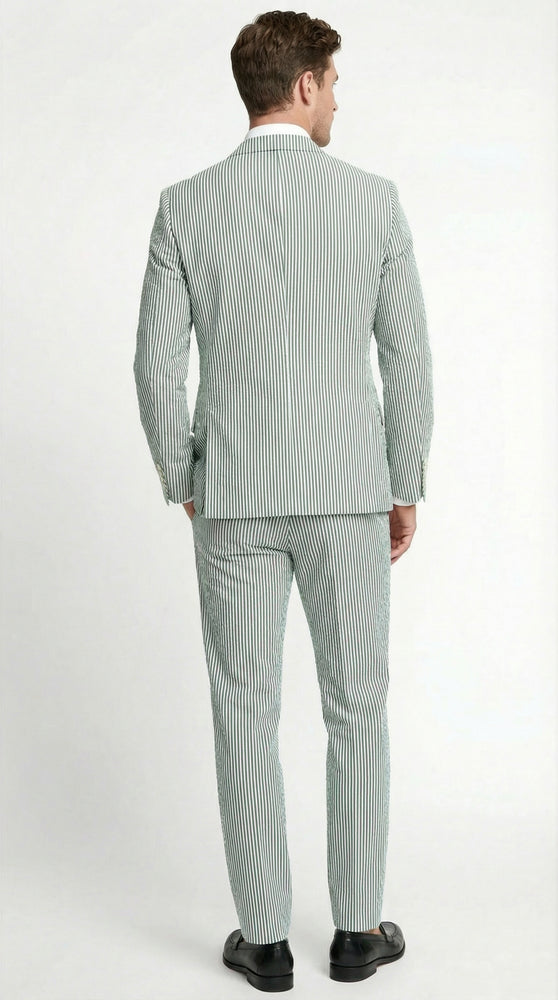 Men’s White and Green Seersucker Suit – Classic Striped Lightweight Summer Suit for Weddings and Formal Events Cotton Fabric