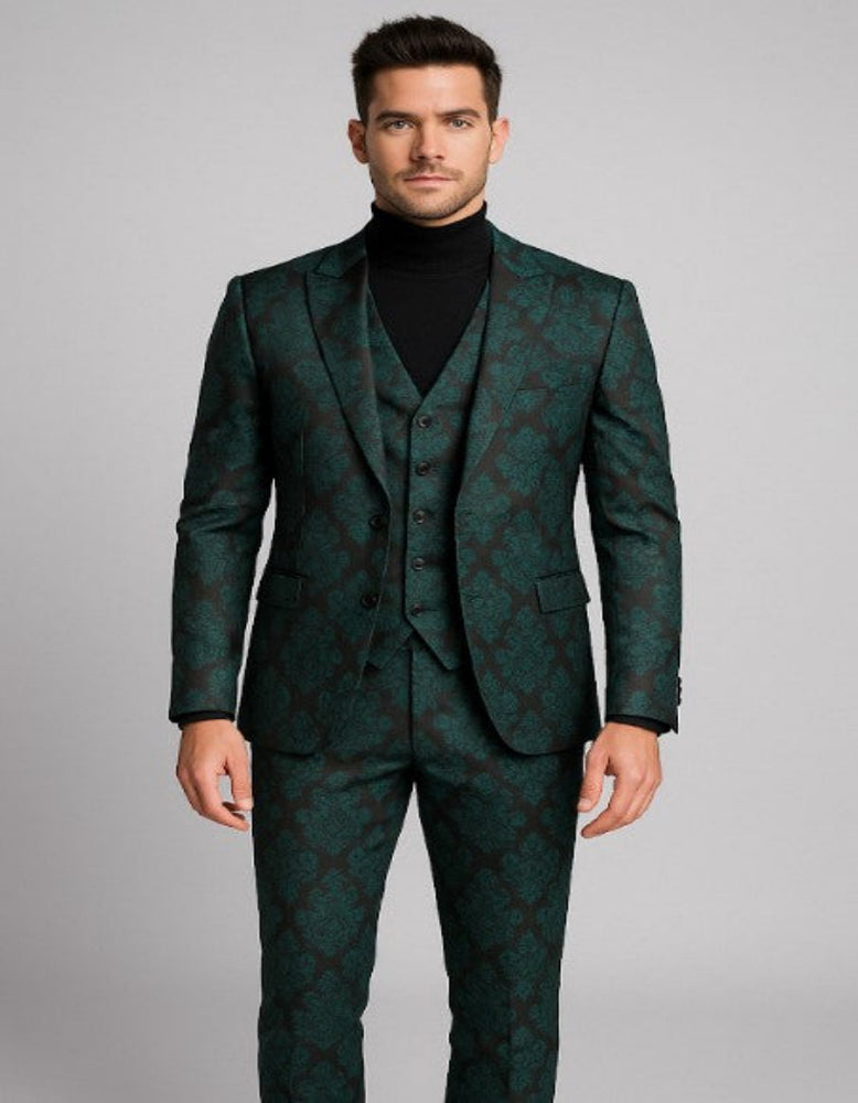 Mens Green and Black Brocade Tuxedo Suit – 3 Piece Floral Jacquard Outfit for Weddings and Formal Events - Slim Fitted