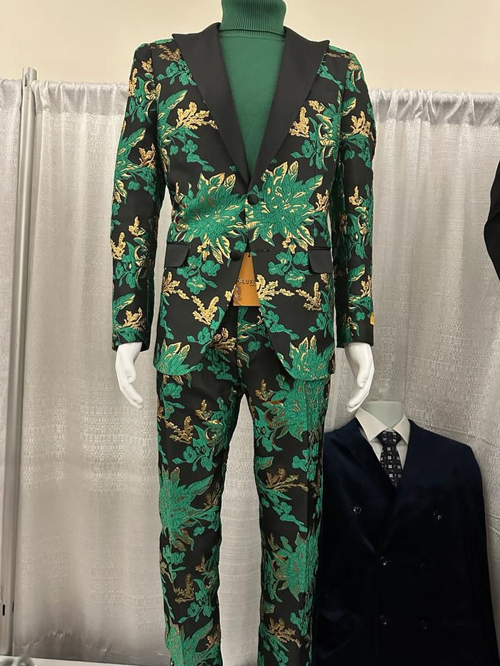 Men’s Green and Gold Floral Tuxedo Suit – Luxury 2 Piece Slim Fit Outfit for Weddings, Proms, and Special Events