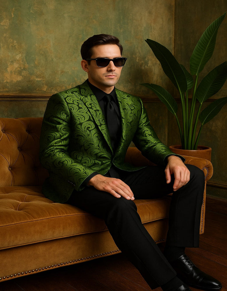 Men's Green Paisley Tuxedo Blazer – Luxury Slim Fit Dinner Jacket for Formal Events