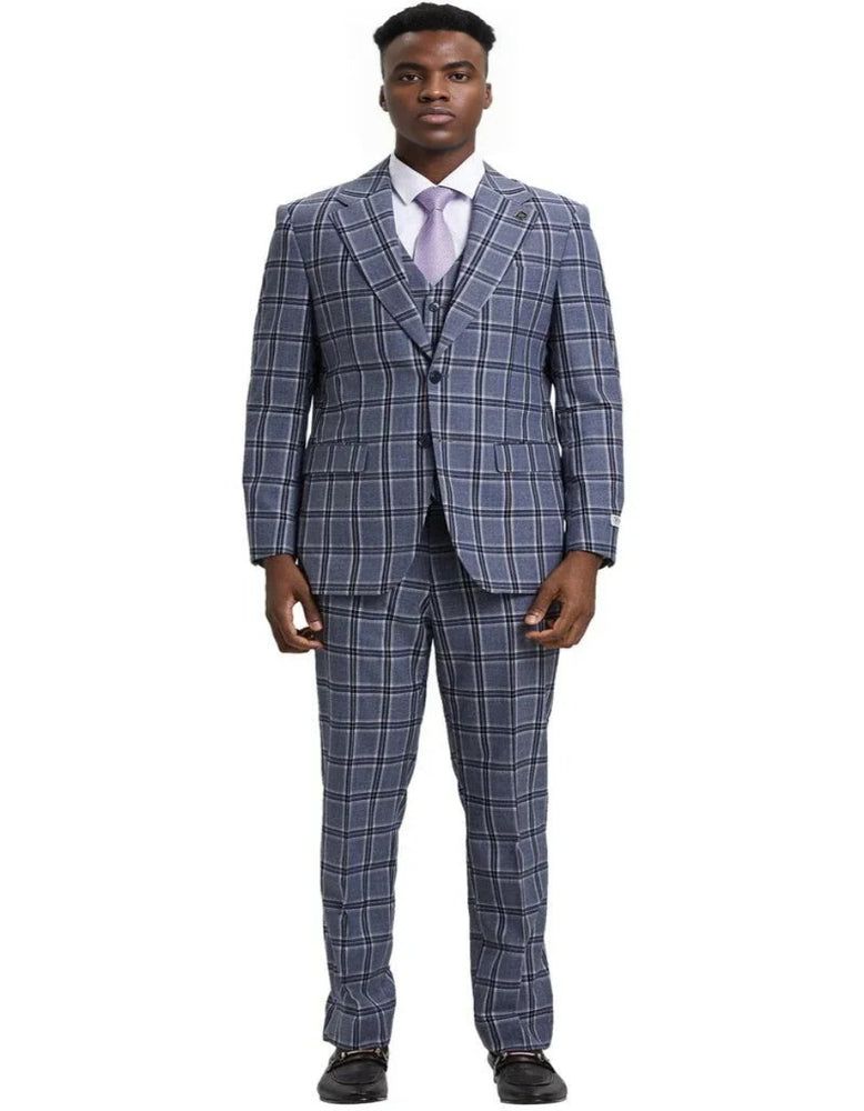 Men's Stacy Adams Two Button Vested Grey Plaid Suit