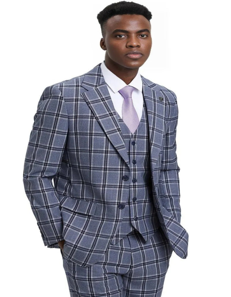 Men's Stacy Adams Two Button Vested Grey Plaid Suit
