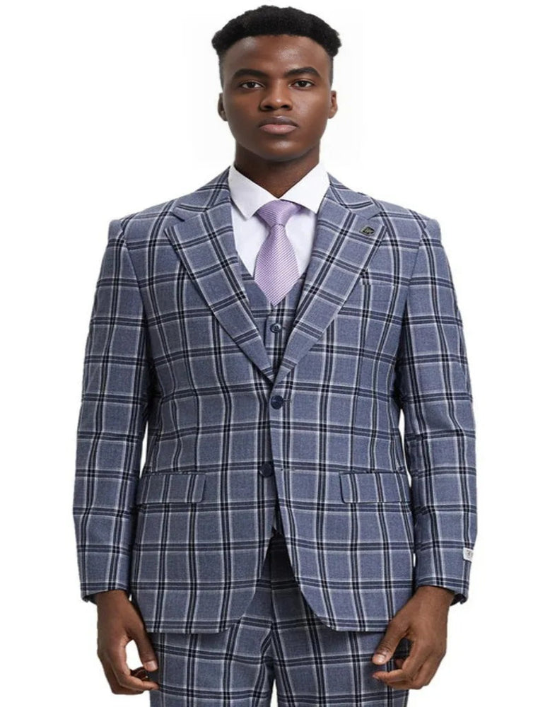 Men's Stacy Adams Two Button Vested Grey Plaid Suit