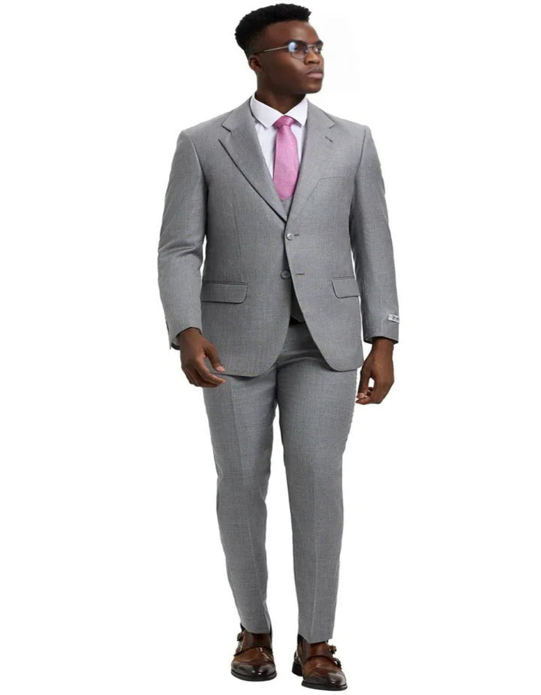 Men's Two Button Vested Stacy Adams Designer Light Grey Sharkskin Suit