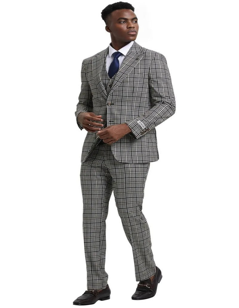 Men's Stacy Adams Vested Modern Fit Houndstooth Grey and Green Suit