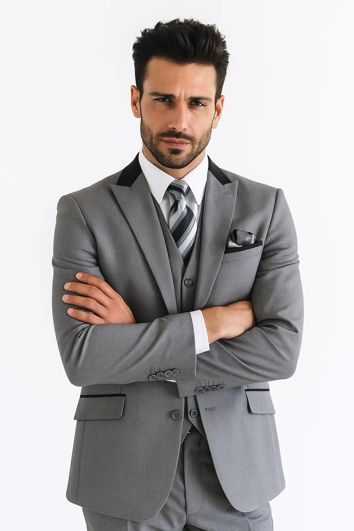 Grey and Black Men's Suit with Peak Lapel 