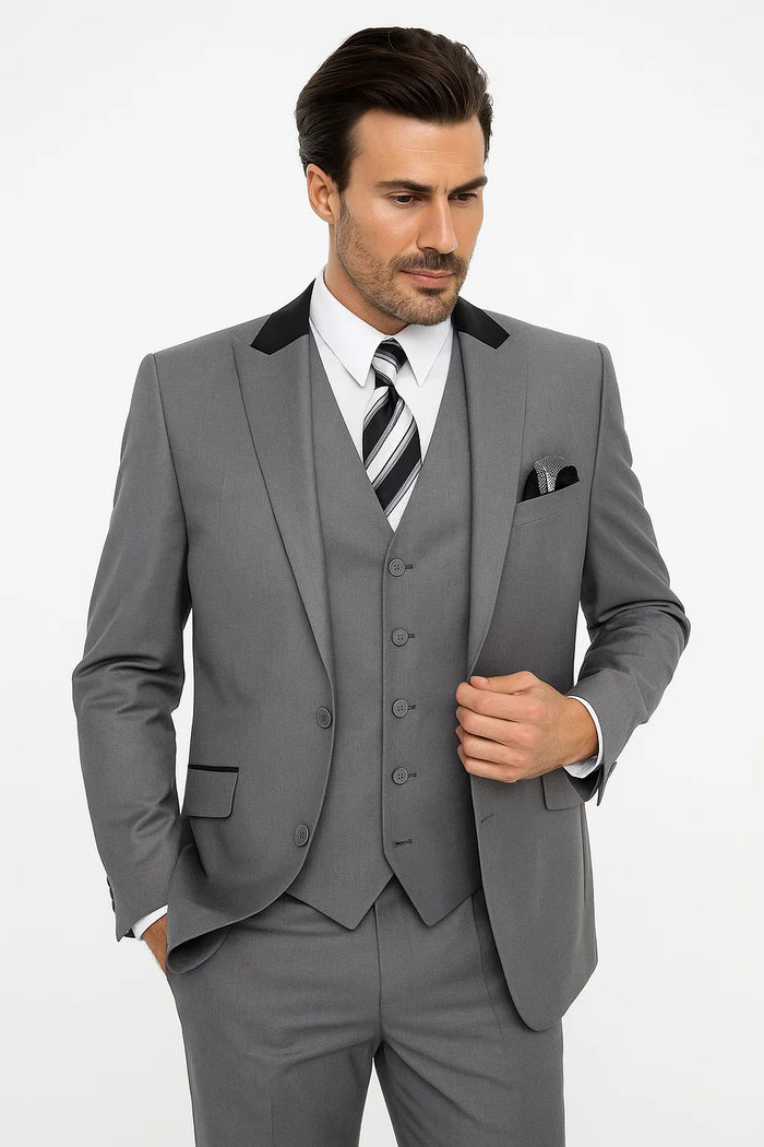 Grey and Black Men's Suit with Peak Lapel 