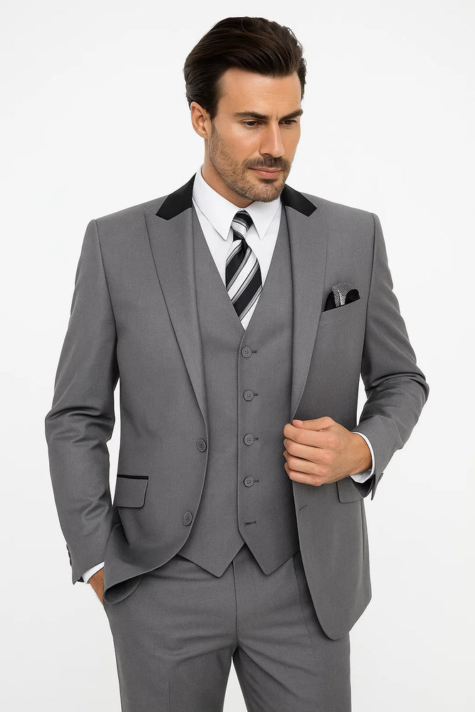 Grey and Black Men's Suit with Peak Lapel 