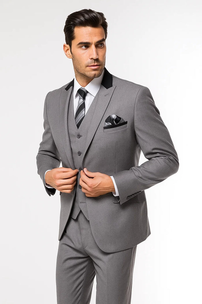 Grey and Black Men's Suit with Peak Lapel 