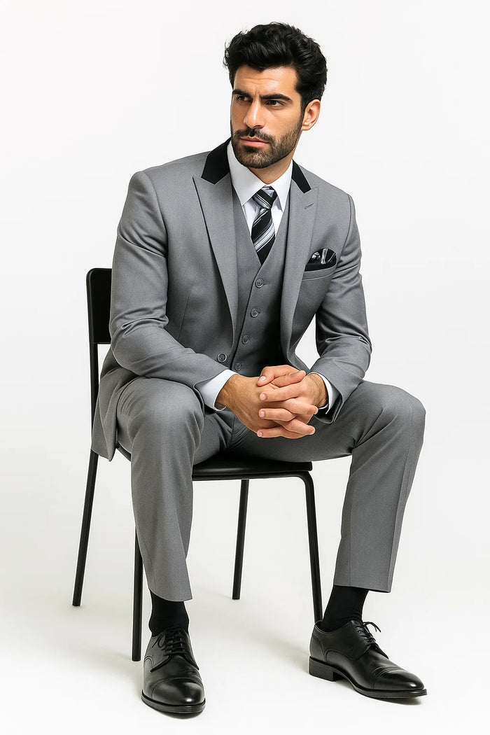 Grey and Black Men's Suit with Peak Lapel 