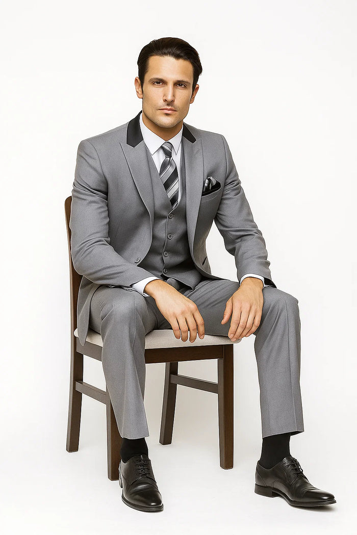 Grey and Black Men's Suit with Peak Lapel 