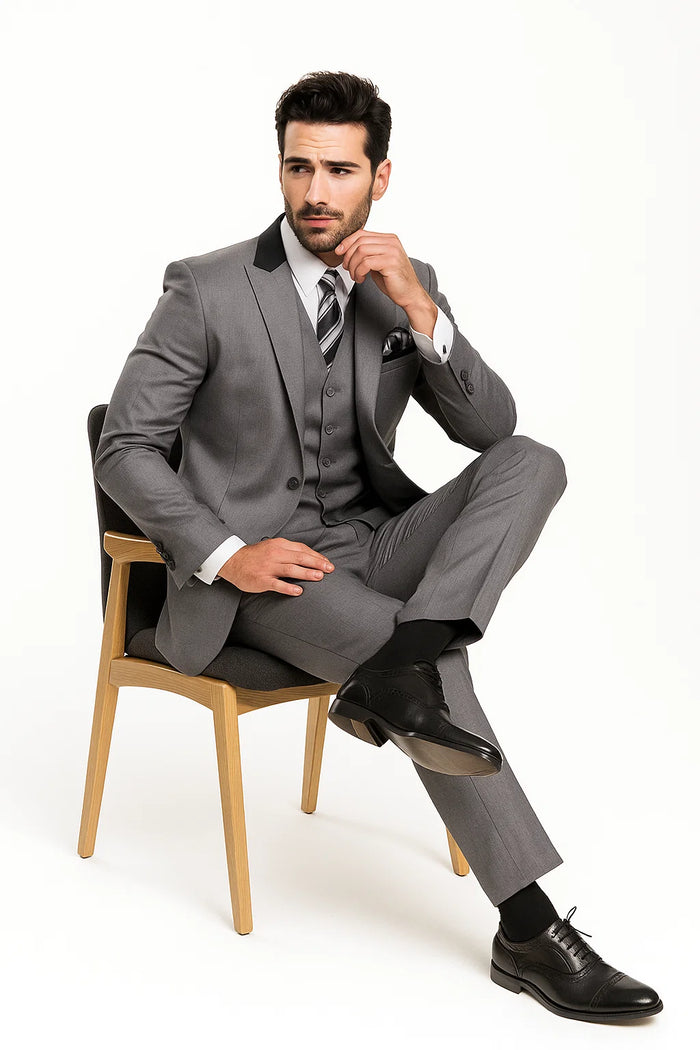 Grey and Black Men's Suit with Peak Lapel 