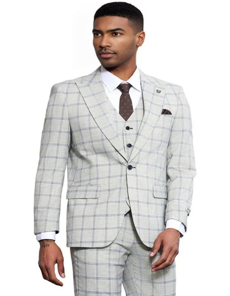Men's Stacy Adams One Button Peak Lapel Vested Windowpane Plaid Grey and Blue Suit