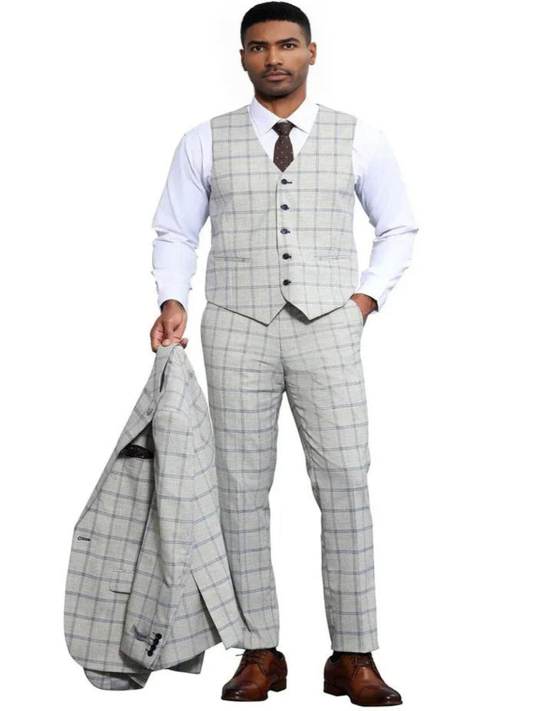 Men's Stacy Adams One Button Peak Lapel Vested Windowpane Plaid Grey and Blue Suit
