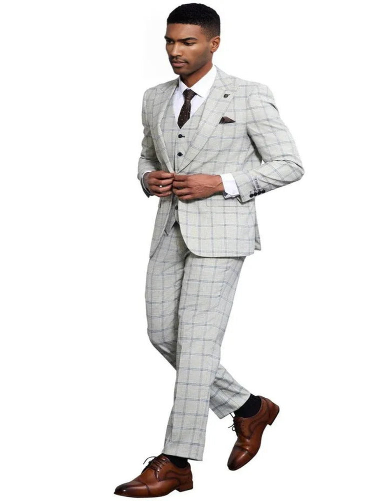 Men's Stacy Adams One Button Peak Lapel Vested Windowpane Plaid Grey and Blue Suit