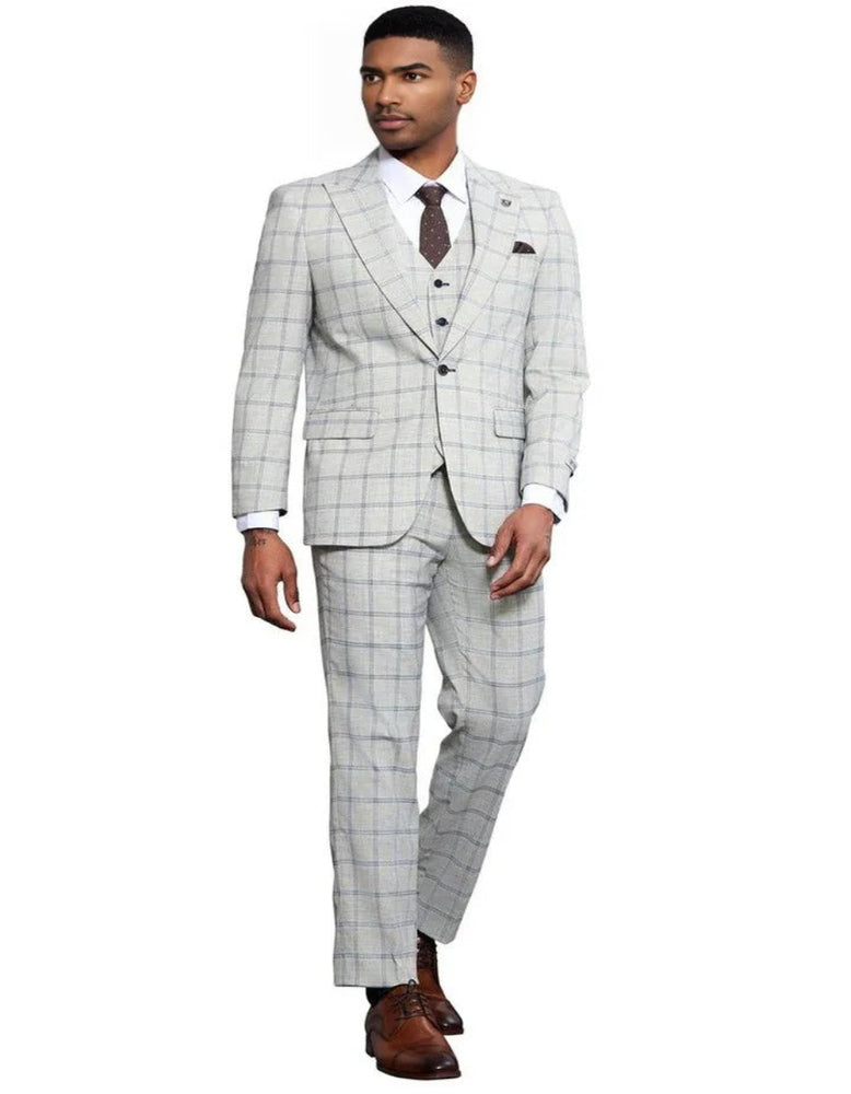 Men's Stacy Adams One Button Peak Lapel Vested Windowpane Plaid Grey and Blue Suit