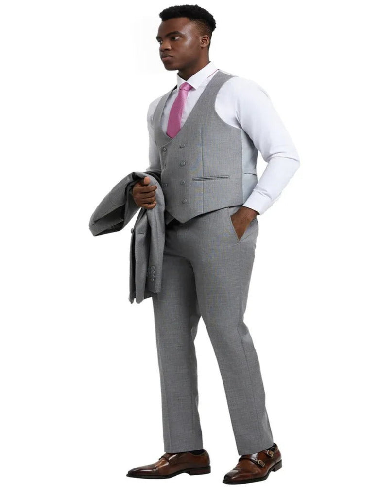Men's Two Button Vested Stacy Adams Designer Light Grey Sharkskin Suit