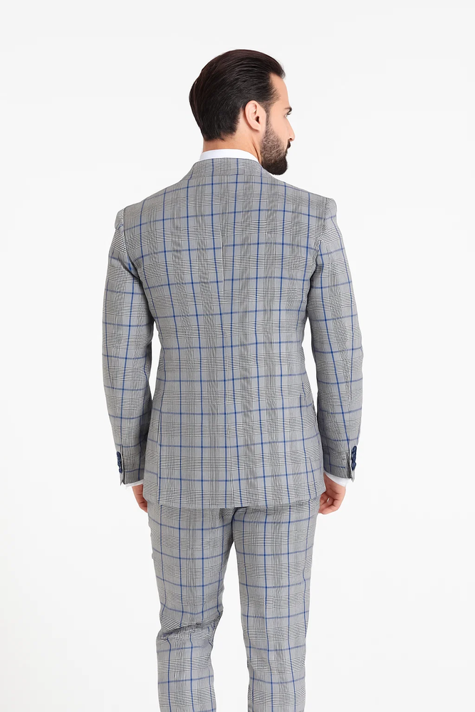 Suits With Baggy Pleated Pants - Wide Leg Pants 100% Wool - Classic Fit in Color Grey with Blue Plaid by Rossiman