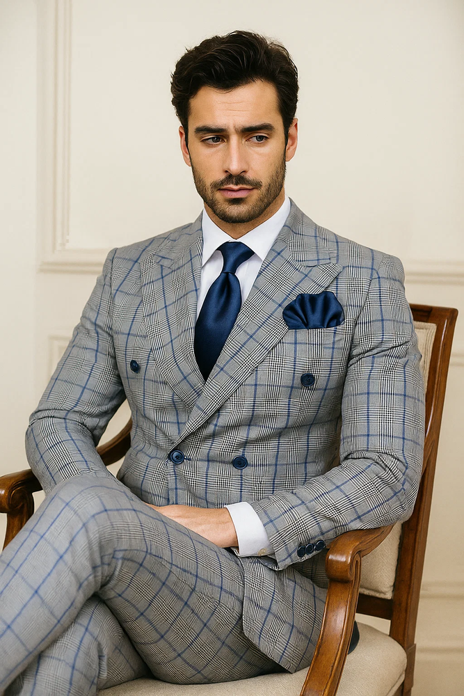 Suits With Baggy Pleated Pants - Wide Leg Pants 100% Wool - Classic Fit in Color Grey with Blue Plaid by Rossiman