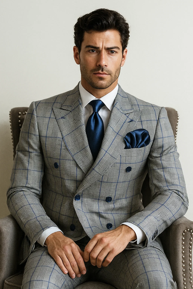 Suits With Baggy Pleated Pants - Wide Leg Pants 100% Wool - Classic Fit in Color Grey with Blue Plaid by Rossiman