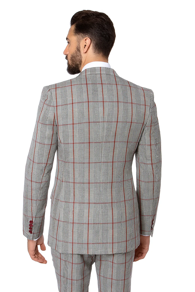 Suits With Baggy Pleated Pants - Wide Leg Pants 100% Wool - Classic Fit in Color Grey with Red Plaid by Rossiman