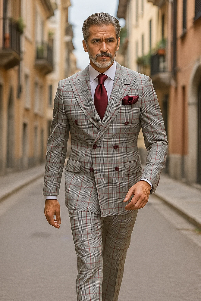 Suits With Baggy Pleated Pants - Wide Leg Pants 100% Wool - Classic Fit in Color Grey with Red Plaid by Rossiman