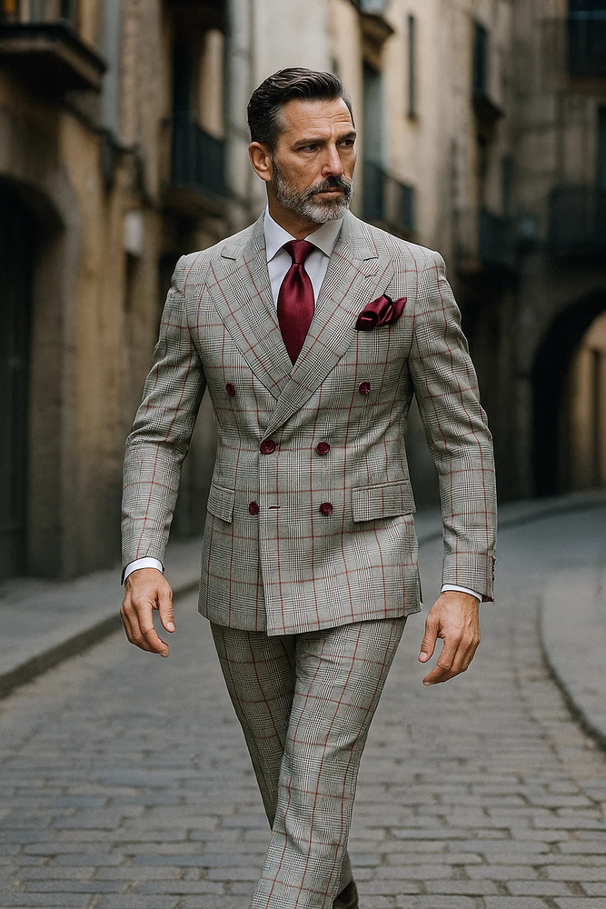 Suits With Baggy Pleated Pants - Wide Leg Pants 100% Wool - Classic Fit in Color Grey with Red Plaid by Rossiman