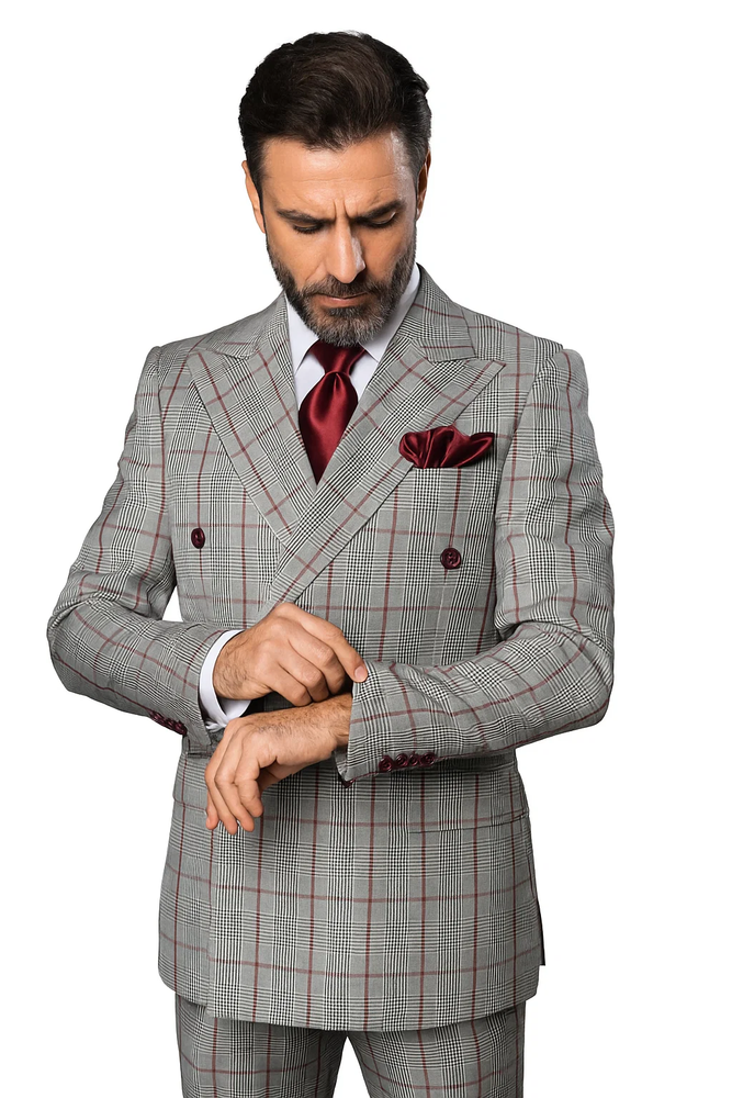 Suits With Baggy Pleated Pants - Wide Leg Pants 100% Wool - Classic Fit in Color Grey with Red Plaid by Rossiman