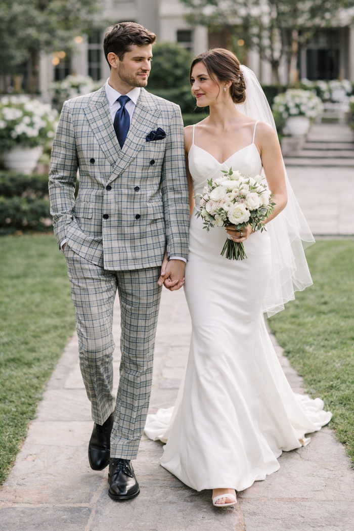 Rossiman Regency Cream & Navy Plaid Double Breasted Suit
