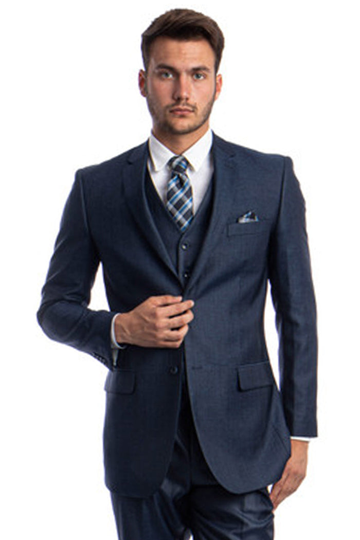 Men's Navy Blue Sharkskin Suit by Tazzio Suits