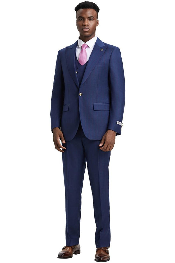 Men's Stacy Adams Vested One Button Side Peak Lapel Pinstripe Suit in Navy Blue